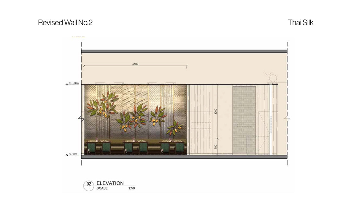 bespoke artwork decor graphic design  Hong Kong interiors mango tree restaurant textile thai restaurant wall relief