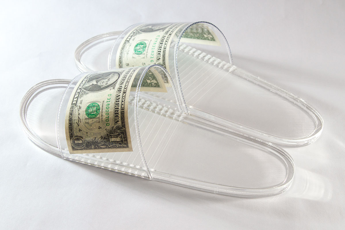 slippers Sandals acrylic vinyl dollar money sewing shoemaking shoe soft goods
