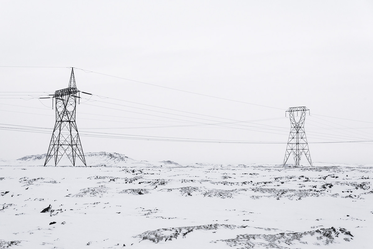 iceland Landscape industrial power electricity power lines electric high voltage snow winter mountains minimal minimalistic High Key Technology