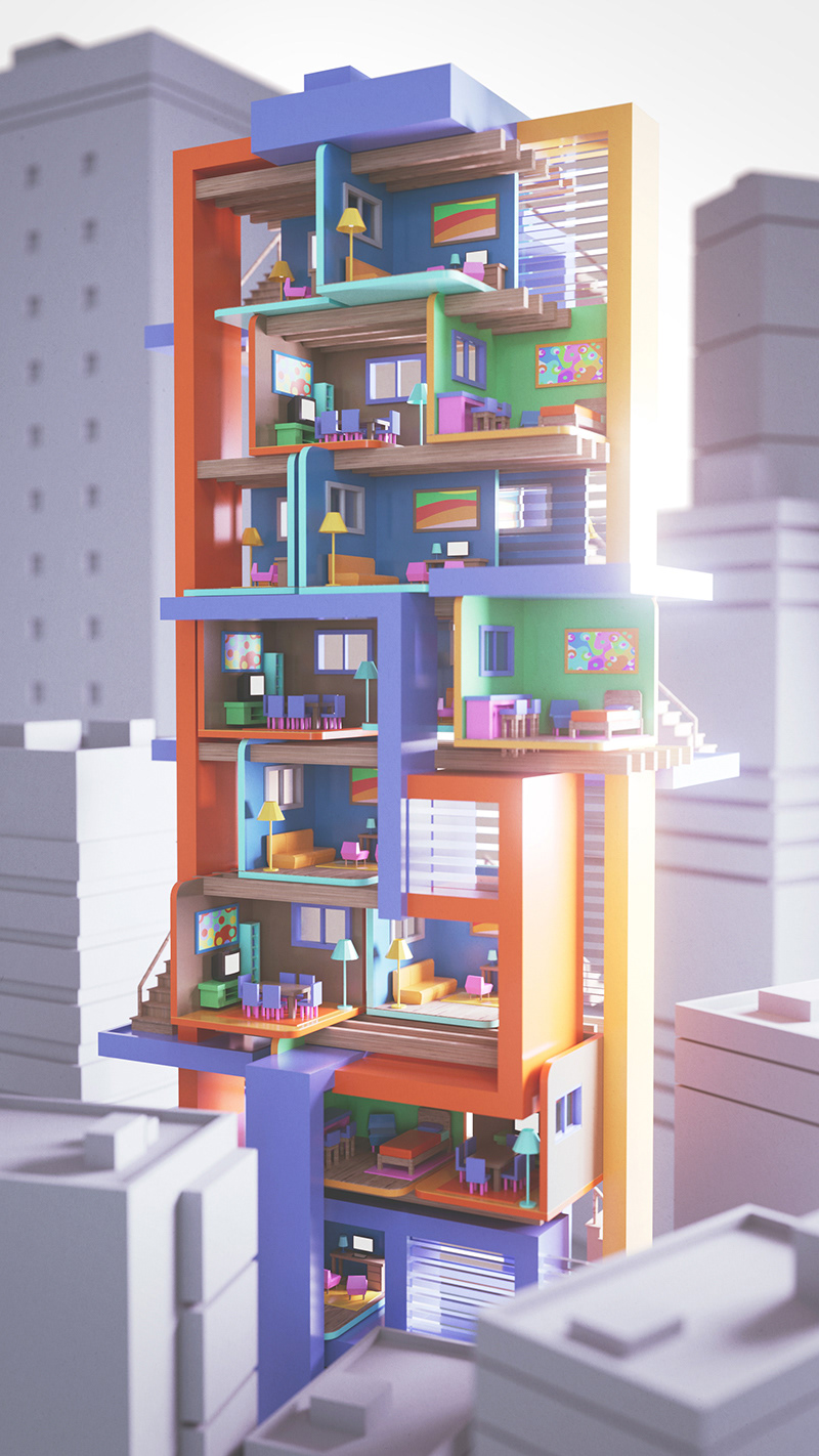 rooms 3D tower skyscraper residential apartments c4d cinema 4d redshift