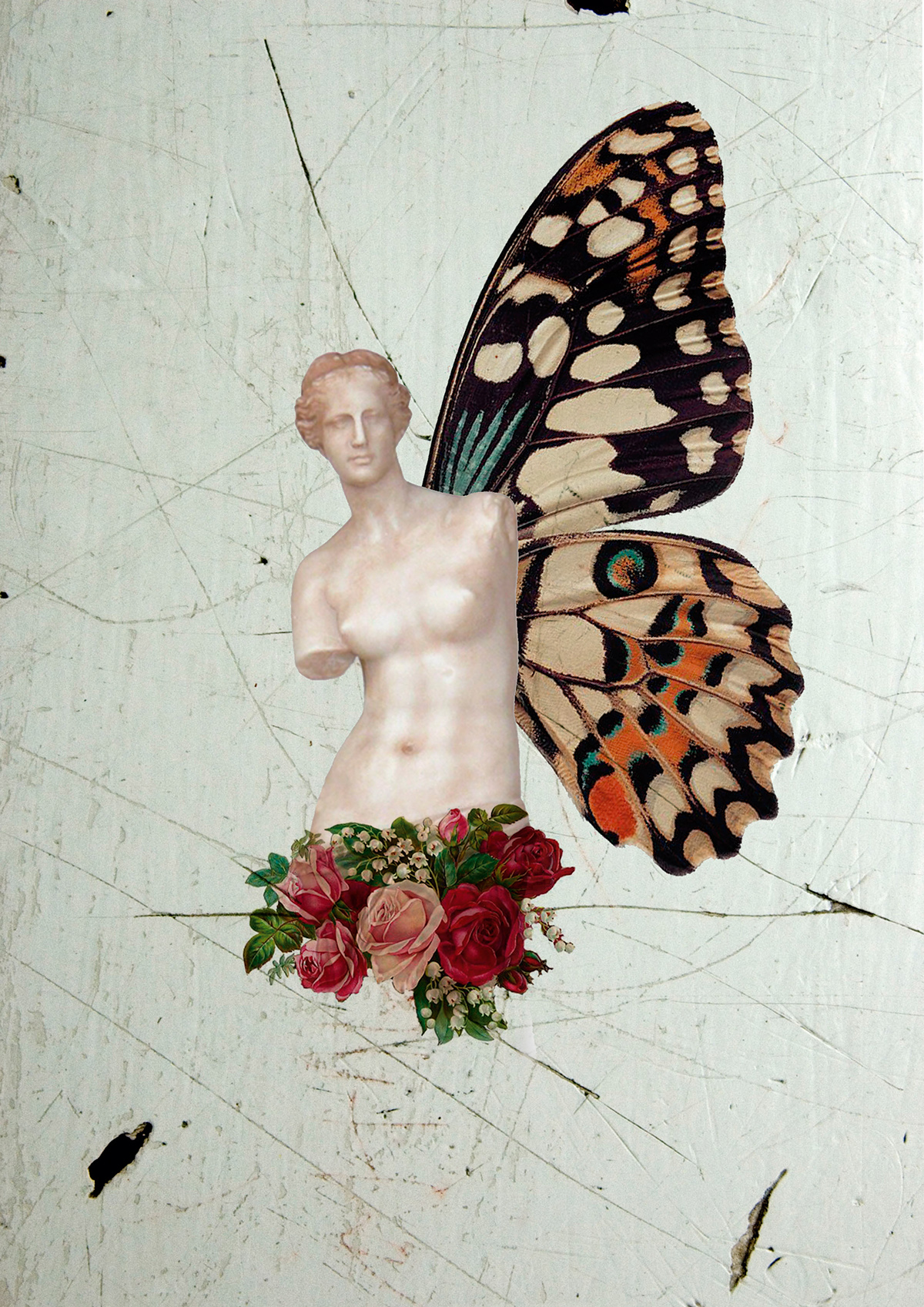 metamorfosis Metamorphosis collage digital estatua Rosas mariposas butterfly