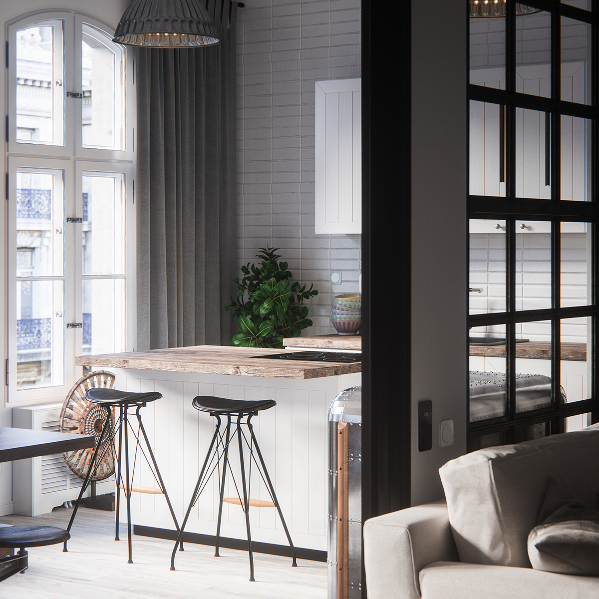 Interior kitchen Scandinavian industrial LOFT White bright apartment living room table vray Borgensengenten design