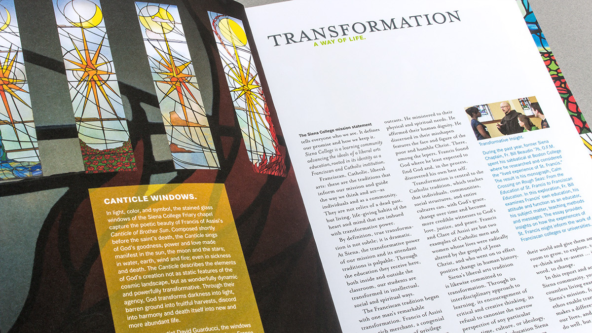 college Catholic franciscan strategic plan annual report President's Report alumni Transformation colorful Students