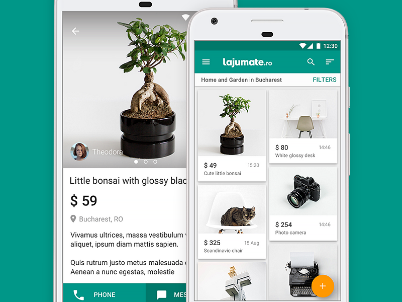 app mobile android material design green cards Listings classifieds ads Native