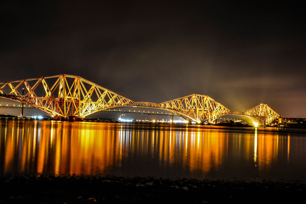 Landscape night light dundee scotland forth road rail bridge reflections
