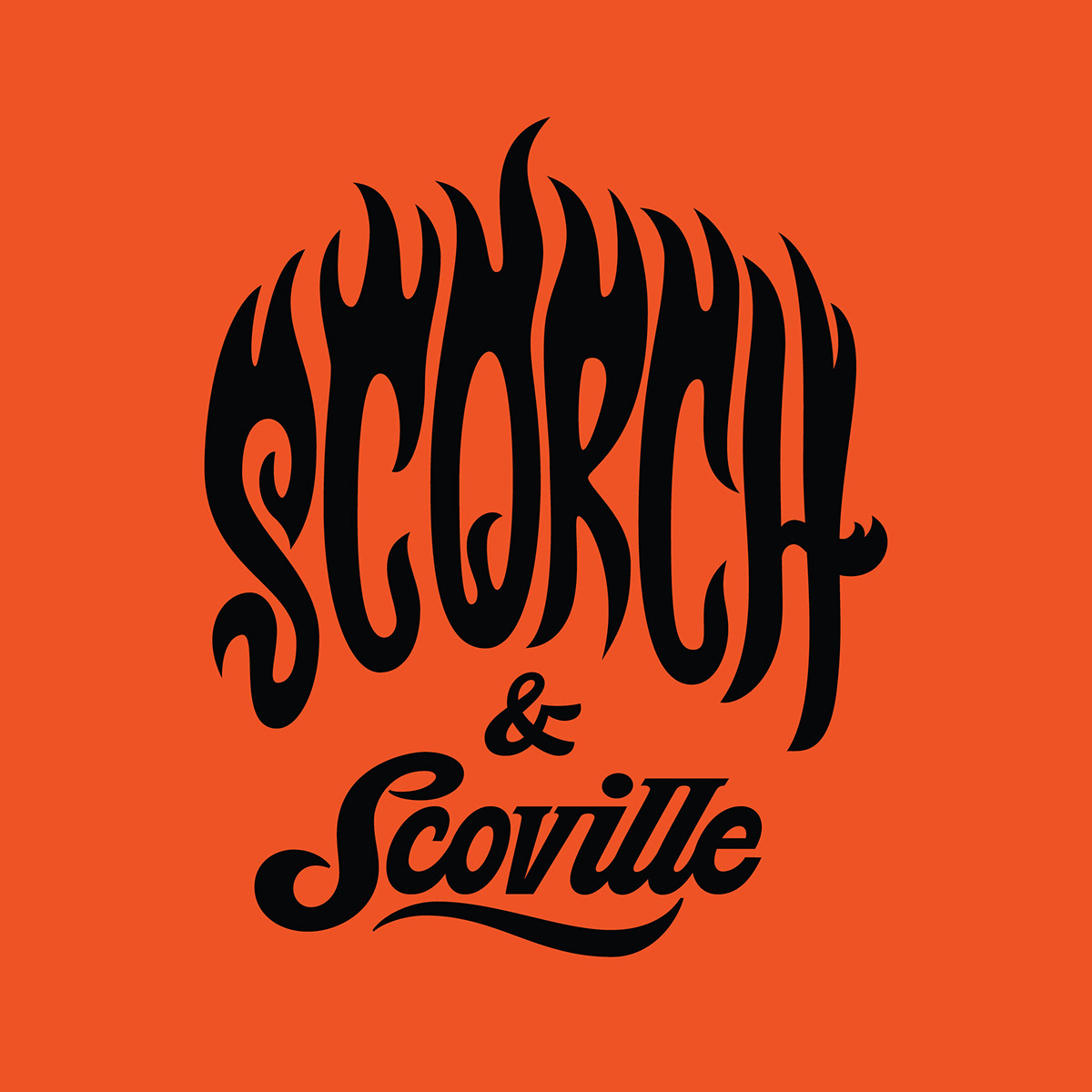 Logo design by Jeremy Friend custom hand lettered in a flame style for Scorch & Scoville hot sauce. 