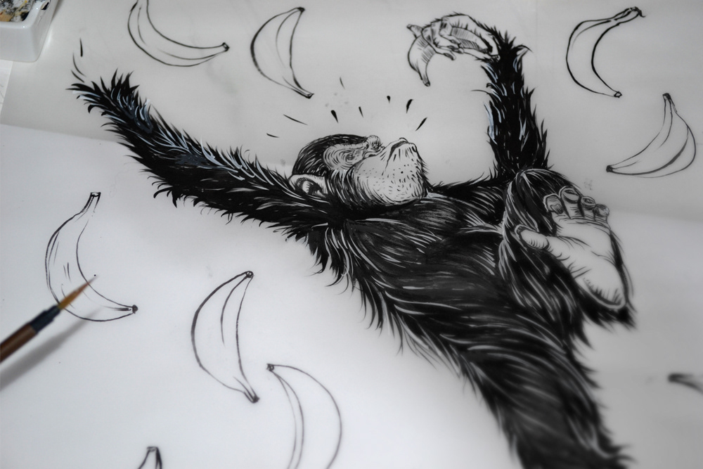 risograph Risoprint Riso monkey ape Bananas band tour concert jungle albino handmade chinese brush ink