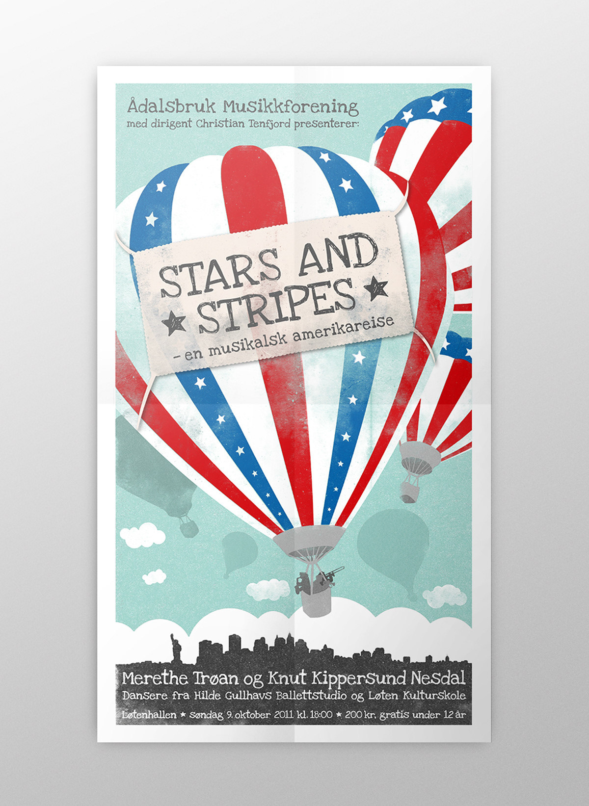 concert Starts and Stripes air balloon New York skyline clouds band brass band