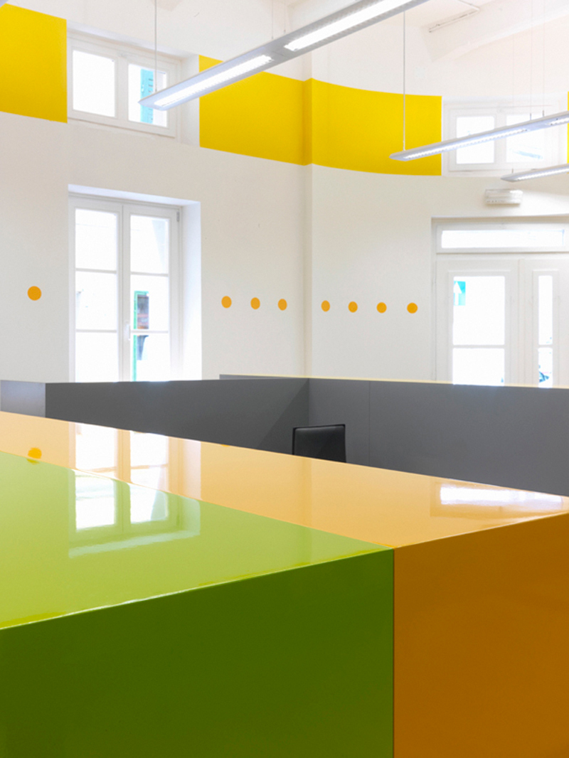 Office Space Office workplace Advertising Agency yellow orange green gorizia Italy stripes dots Work  design concept Interior
