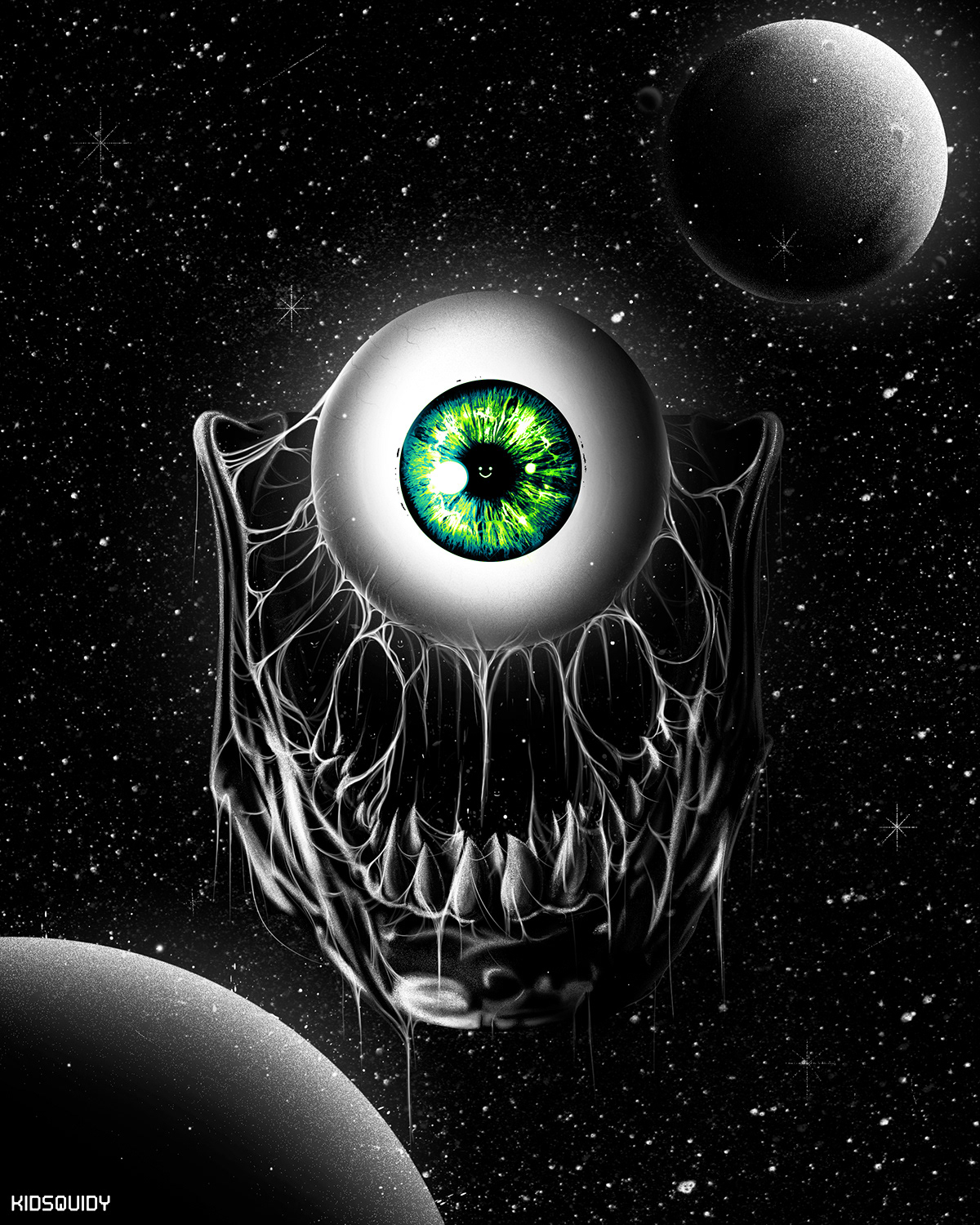 horror neon optical illusion pop poster Scifi skull Space  trippy vector