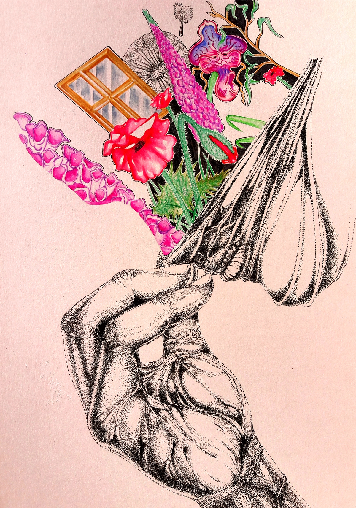 Nicolas Skorupka paper ink watercolour portrait Flowers colors hand mask garden