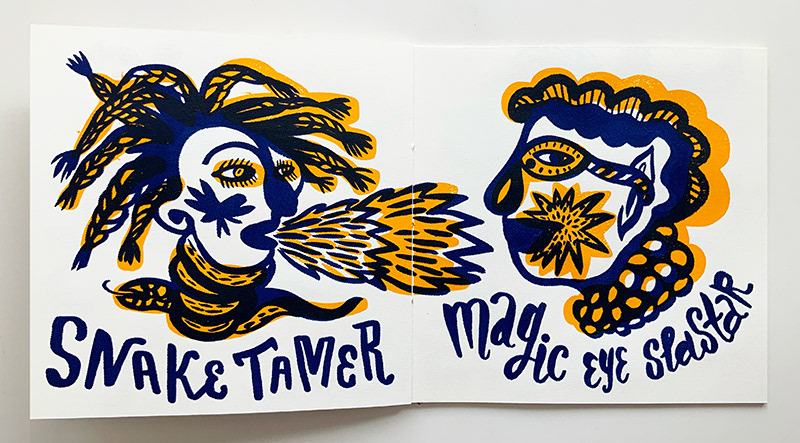 book design Circus clown Drawing  ILLUSTRATION  lettering natalya balnova printmkaing silkscreen Zine 