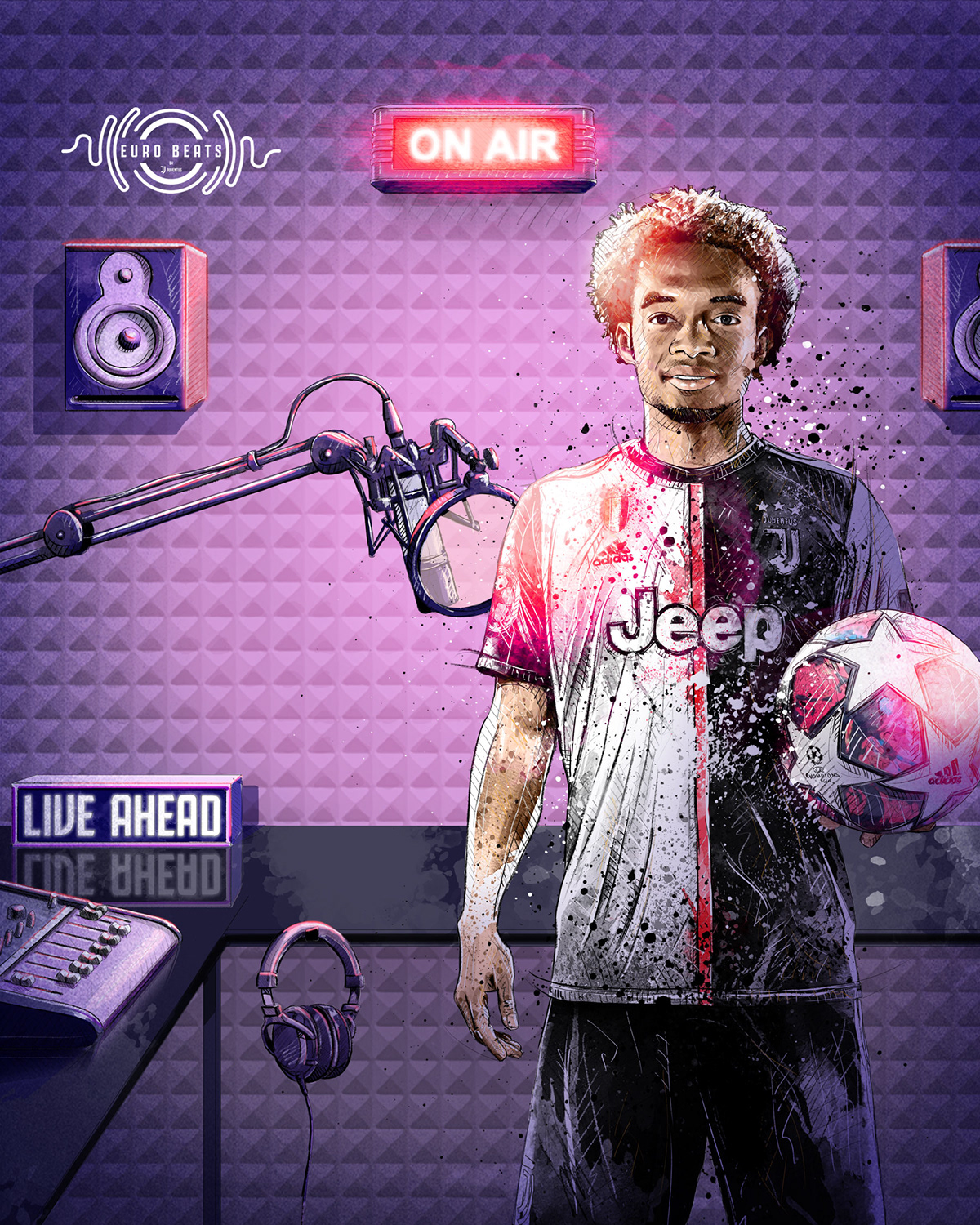 Dynamic sport/football illustration for Juventus vs. Olympique Lyon: Cuadrado, music studio