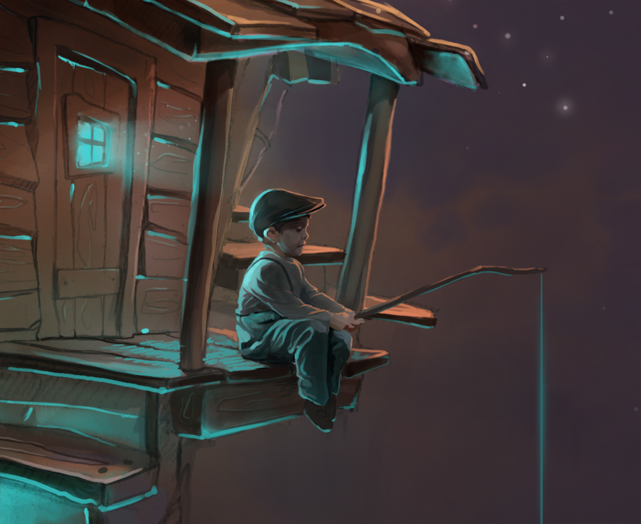 moon fishing boy house stars light clouds