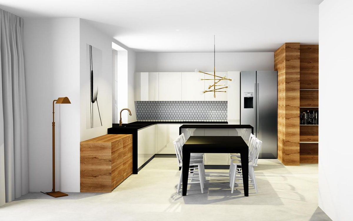 kitchen design wood black White brass