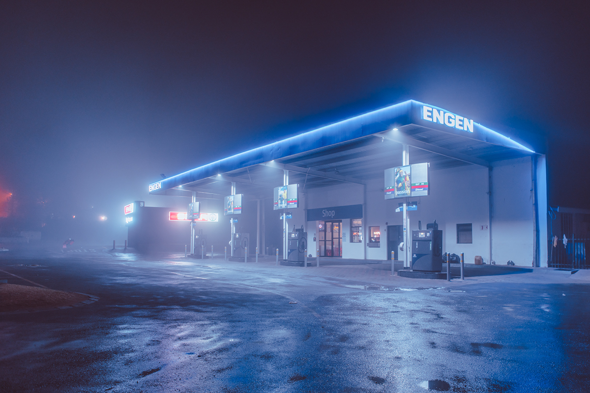 night neon blue gas station south africa kwazulu natal winter fog Street Photography 