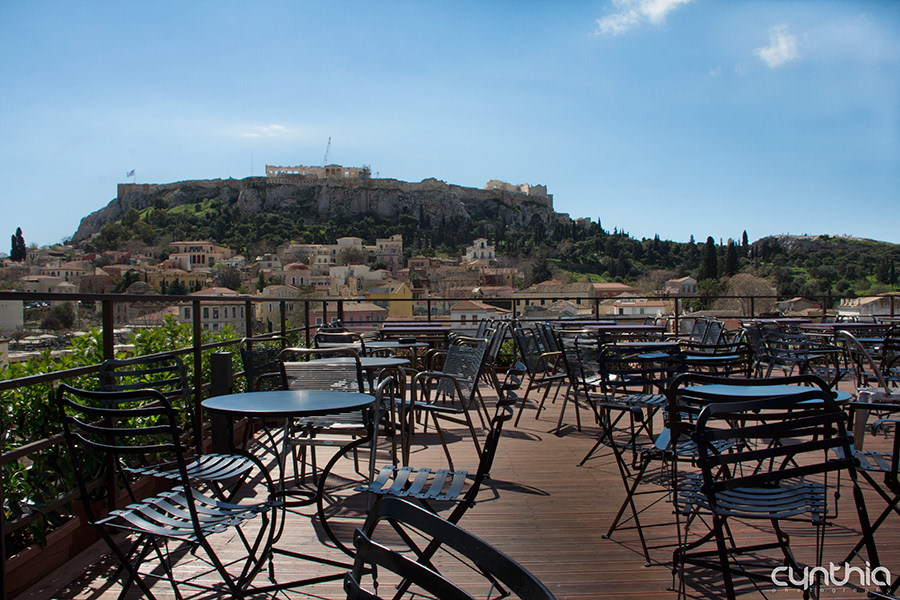 cafe roof view acropolis athens restaurant industrial monument historic area bright Sunny