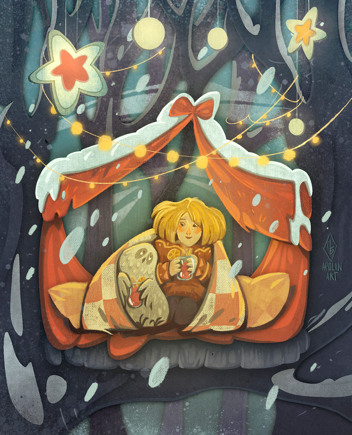 illustrations christmas illustration greeting cards Greeting Postcards holiday cards  owl Procreate Santa Claus winter illustration winter wood