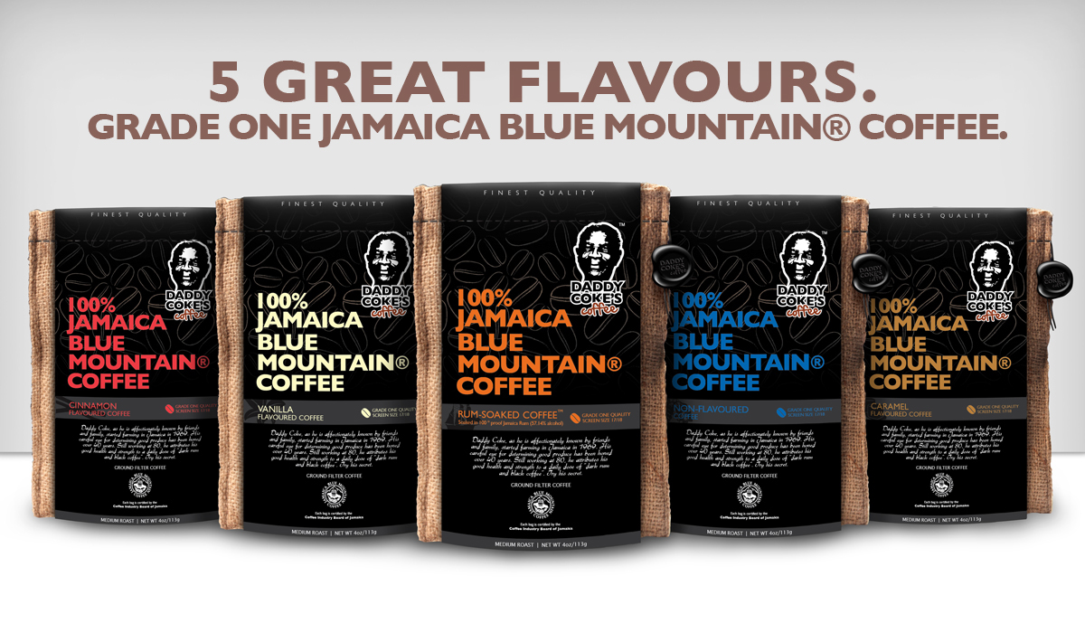Coffee daddy coke jamaica Blue Mountain logo packing coffee beans rendering