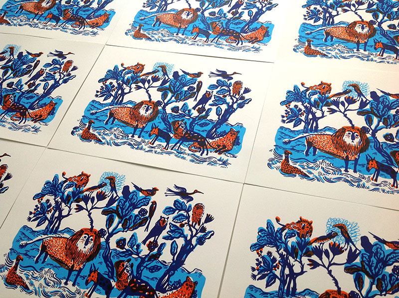 silkscreen printmaking animals natalya balnova orange blue Nature lion tigers