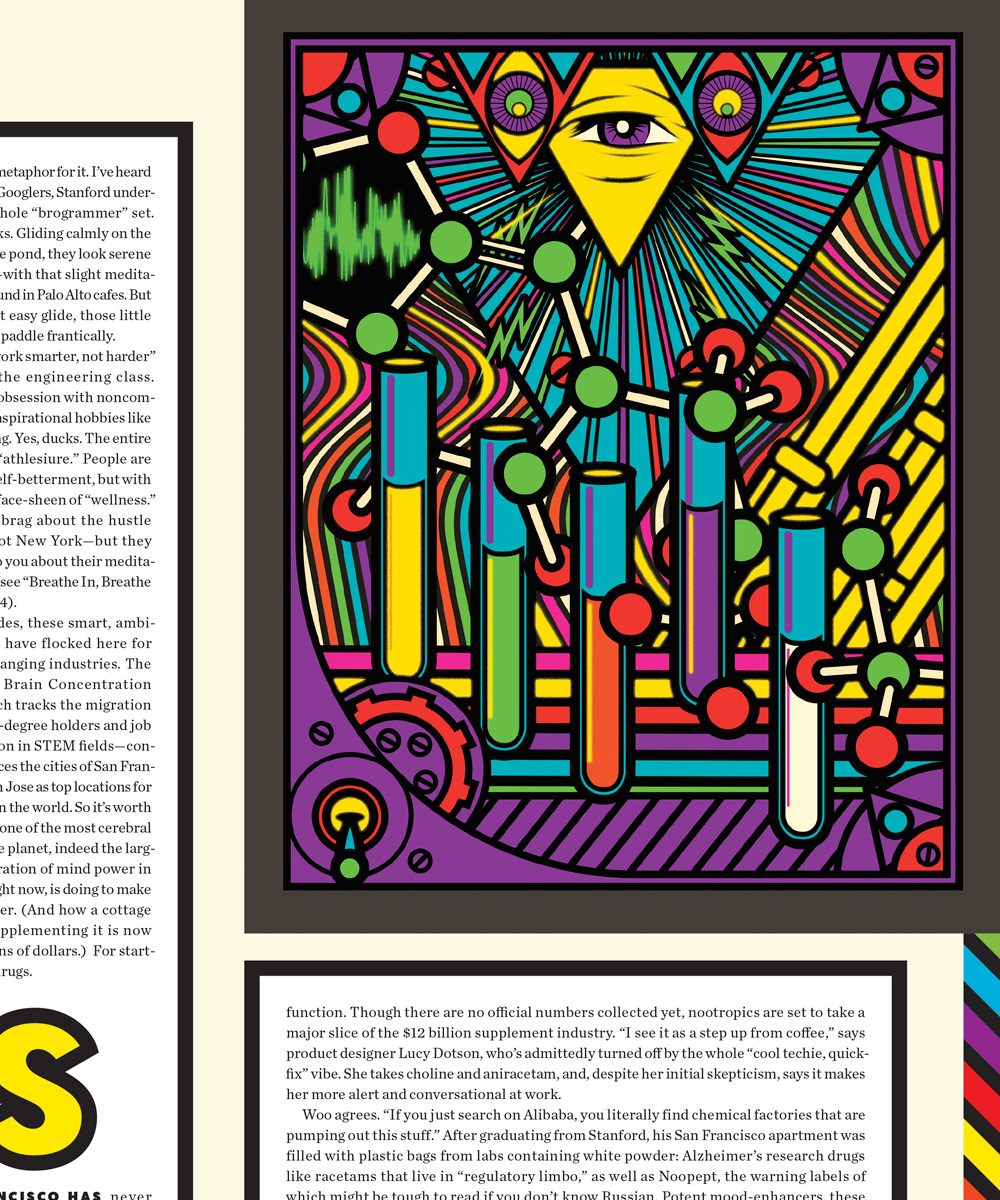 ILLUSTRATION  San Francisco Magazine Editorial Illustration Diego Patiño Drugs psychedelics lsd brain hacking bio hacking