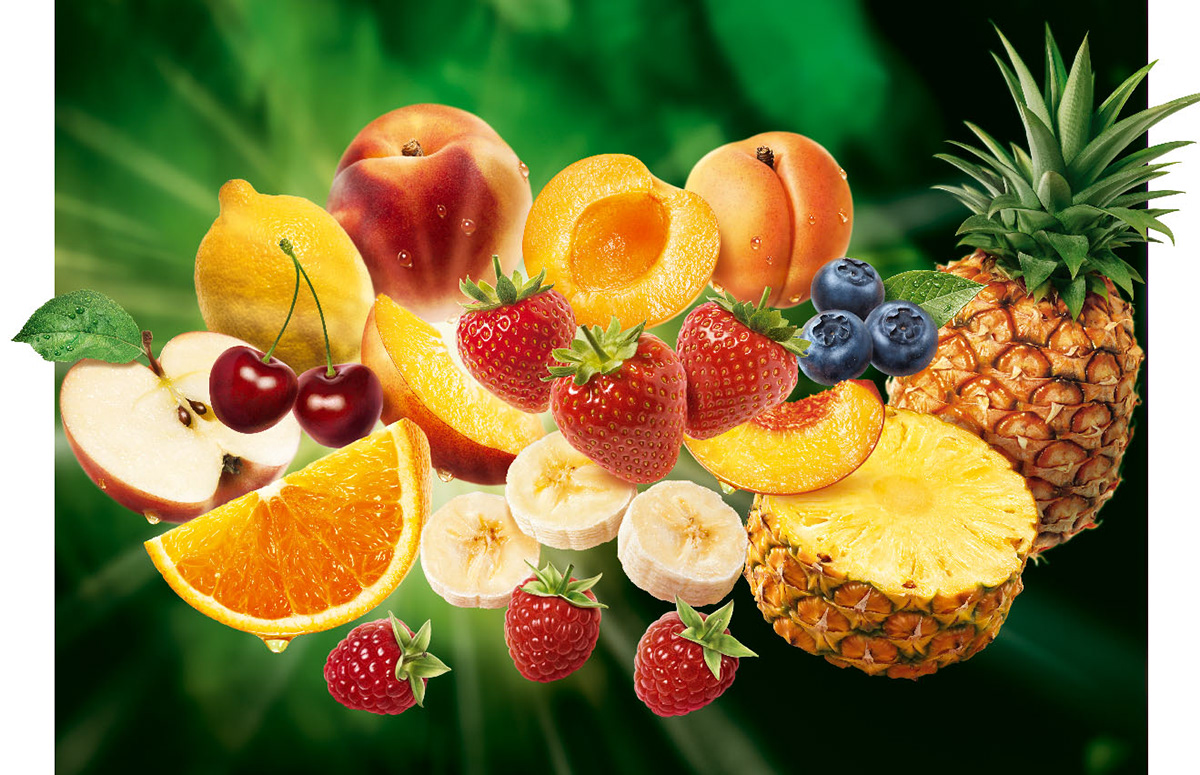 An explosion of fresh fruits bursting from the summer sunshine in a super realistic illustration.