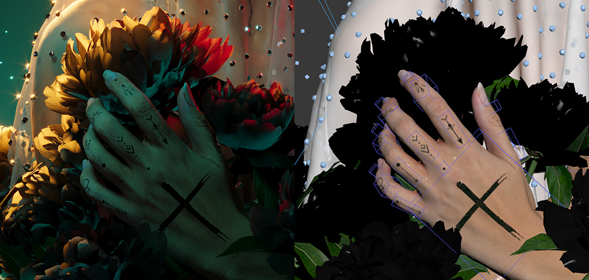 3D 3DScan CGI crystal Flowers hands portrait Render tattoo woman