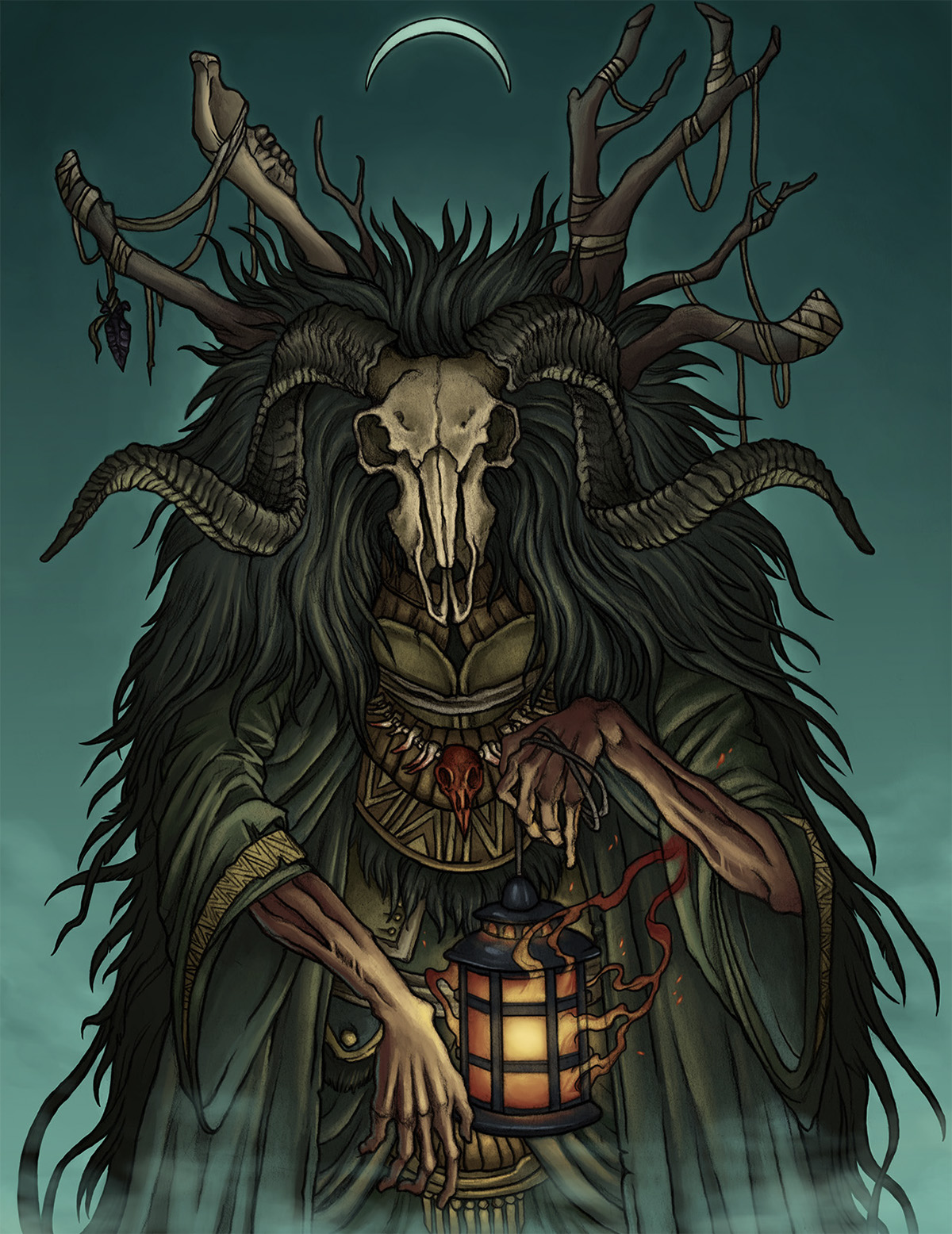 forest skull horns lantern fire mist eerie pagan