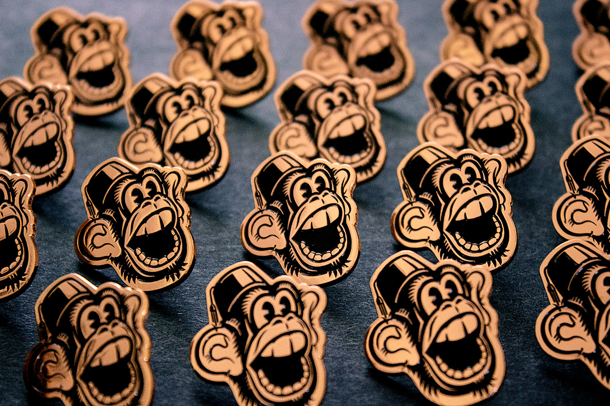 lapel-pin monkey ILLUSTRATION  Packaging hand-lettering typography   copywriting  self-promotion graphic-design soft-enamel
