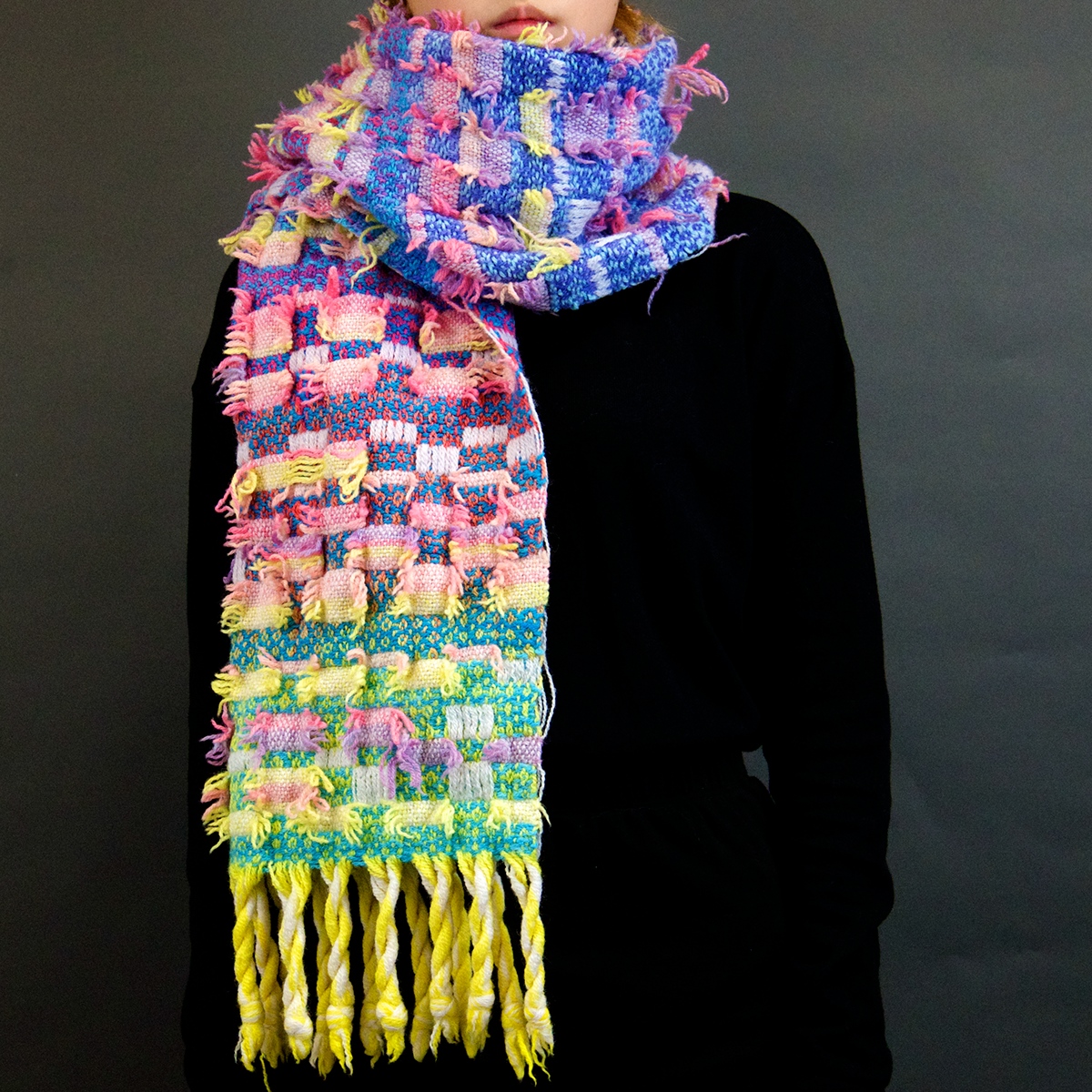 scarf shawl collar Woven handwoven dyed Fringe Fur SKY