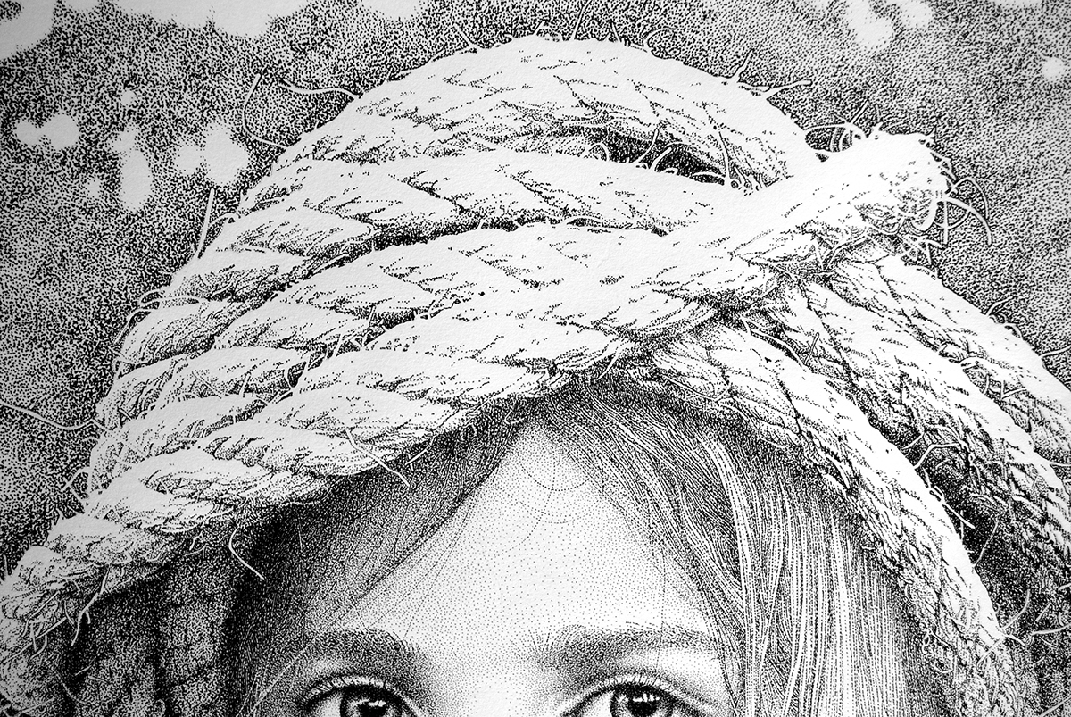 Pointillism stippling portrait black ink paper draw conceptual black & white dots art Realism Human Figure face children Restraints