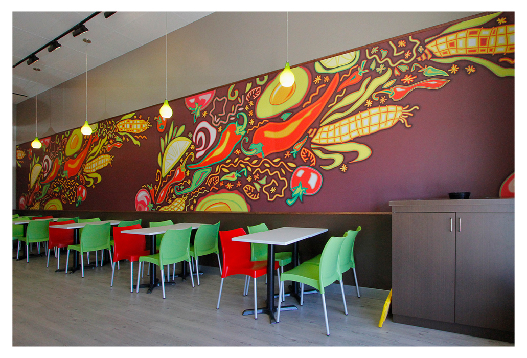Mexican restaurant quesada fruits vegetables Interior Mural wallpaper Toronto pattern seamless pepper Garlic corn avocado