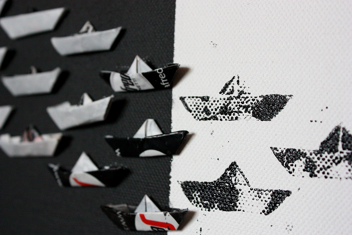boat ship paper origami  canvas acrylic pattern linocut collage black White