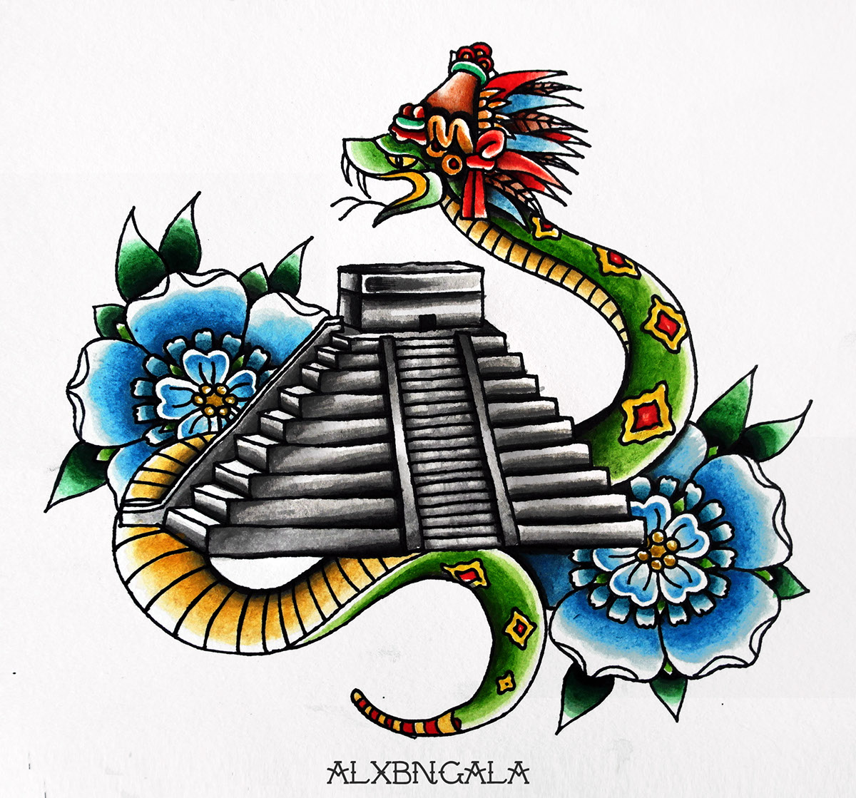 tattoo tattoos tattoo flash traditional tattoo alxbngala snake snake tattoo  quetzaloatl piramides mexico yucatán Maya kukulcan
