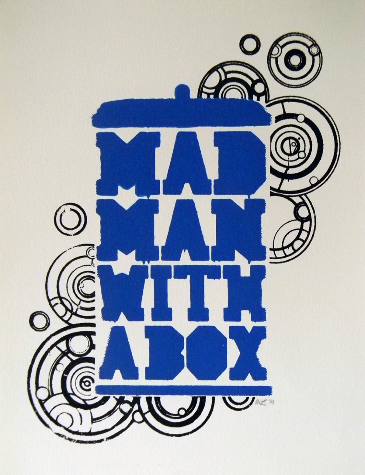 screen print Doctor Who tardis HAND LETTERING blue black White poster mad man box gallifrey   time lord