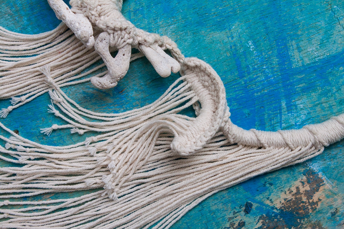 Necklace handmade string organic cotton Fossil stone shell dyed crochet binding bali handicraft contemporary
