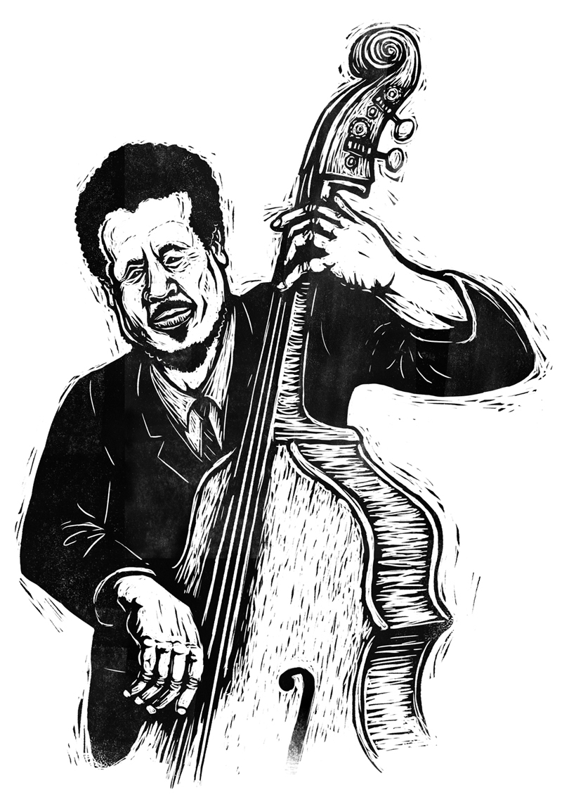 charles mingus bass woodcut scratchboard music jazz caricature   portrait