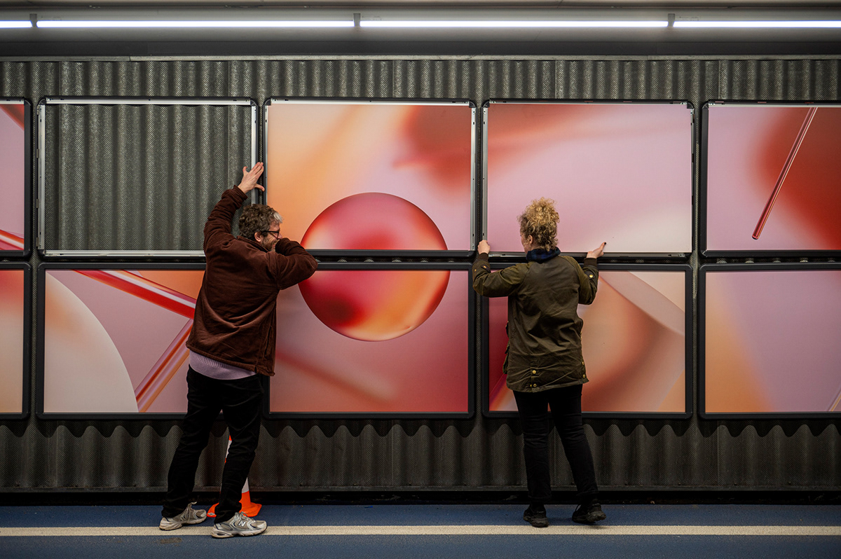 art big gallery installation parallel print spheres wall