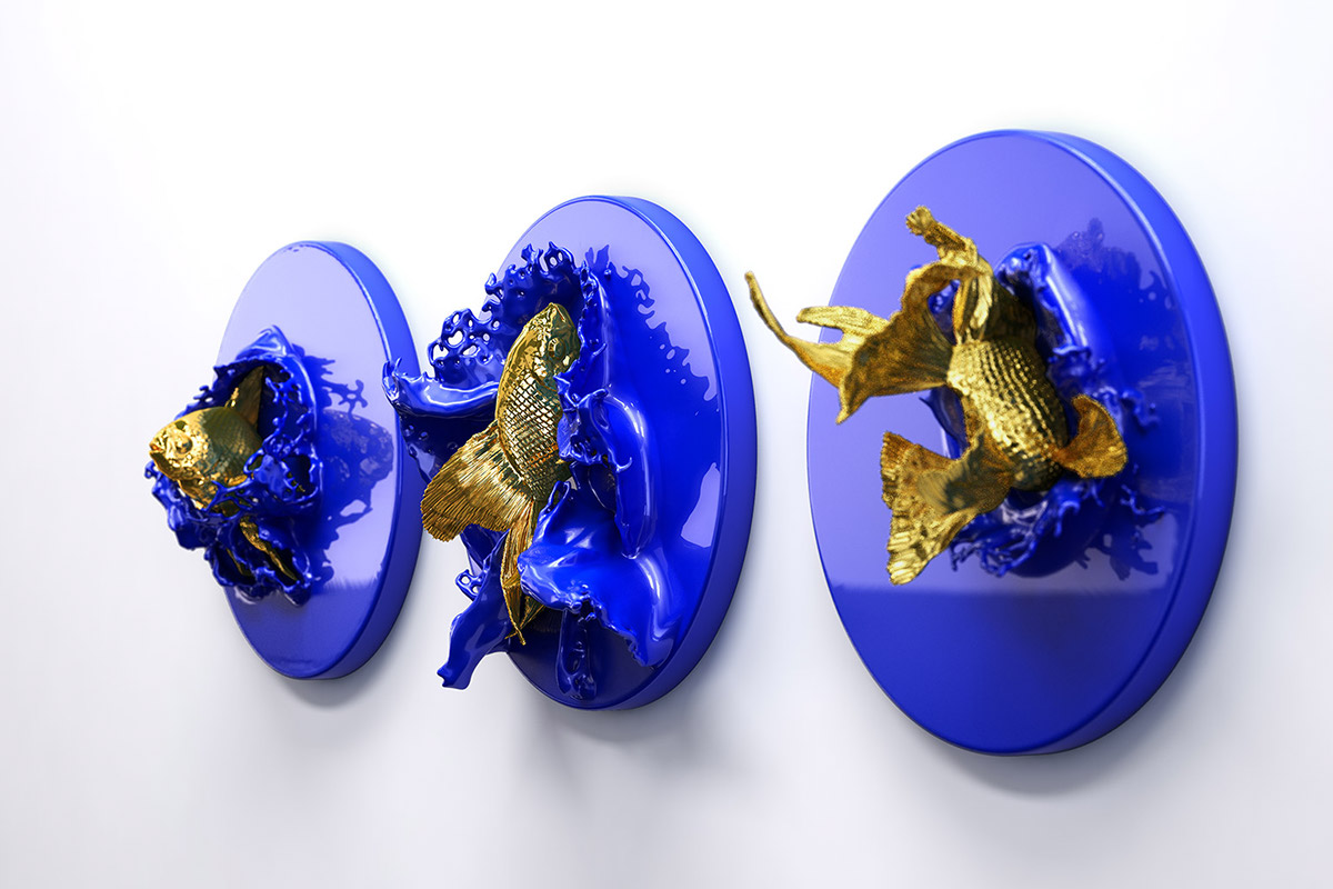 goldfishes fishes fish gold 3d printed wall sculpture blue