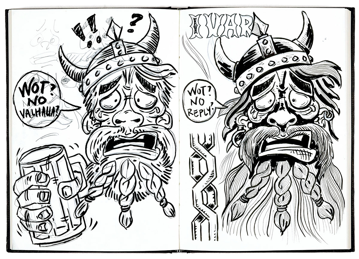 sketches of a bearded hipster viking hand-drawn in pen and ink