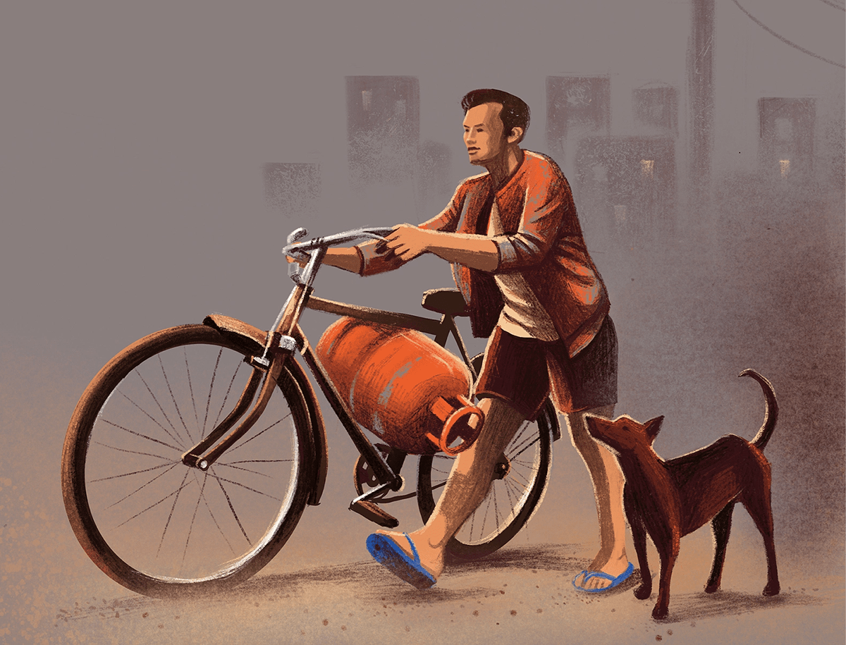 Simple, yet strikingly unusual scenes we see on the streets everyday. A man with his bicycle transporting a propane gas tank, with a dog walking beside him - illustration by ranganath krishnamani