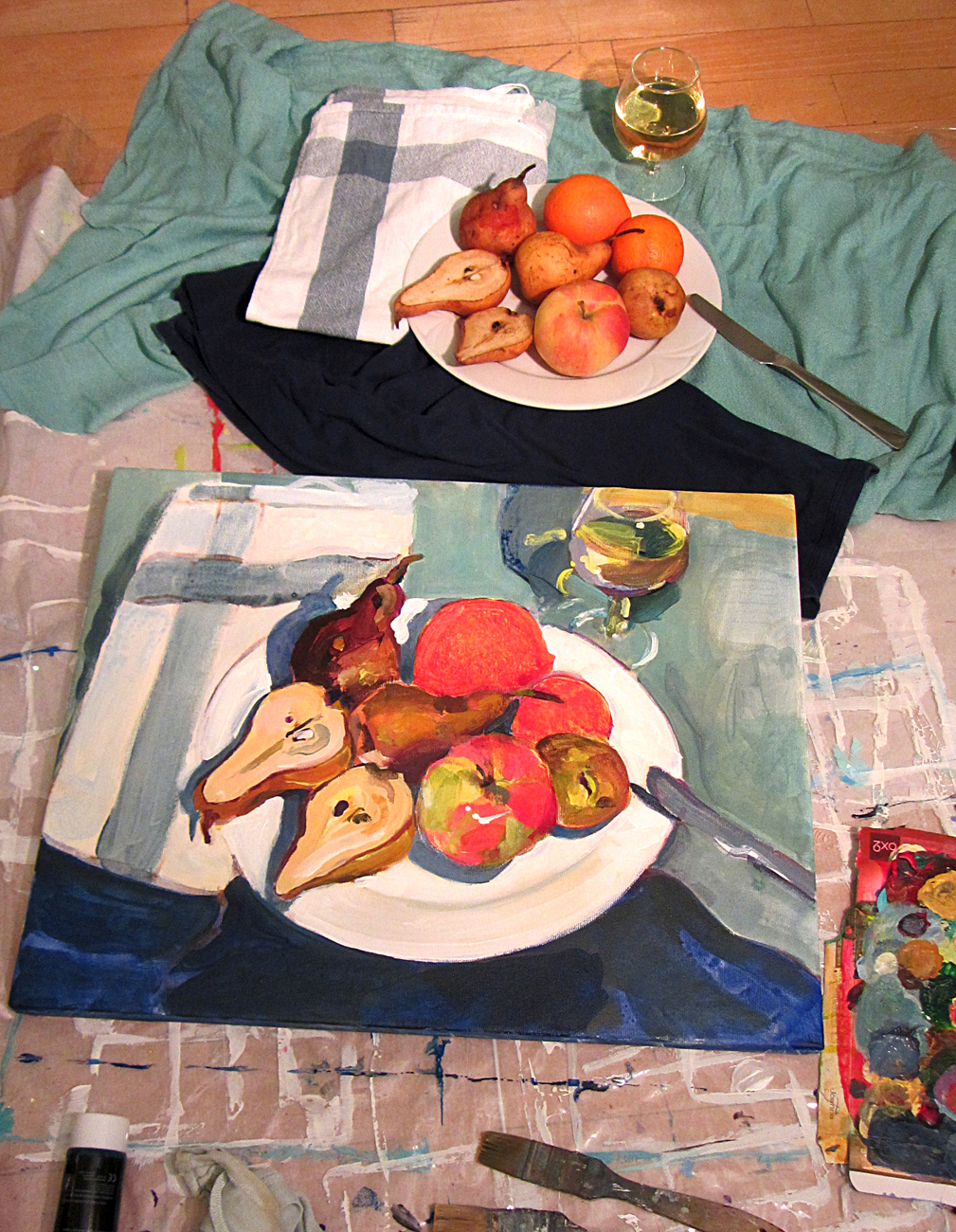 still life acrilic paint canvas realistic dessert fruits kitchen Realism