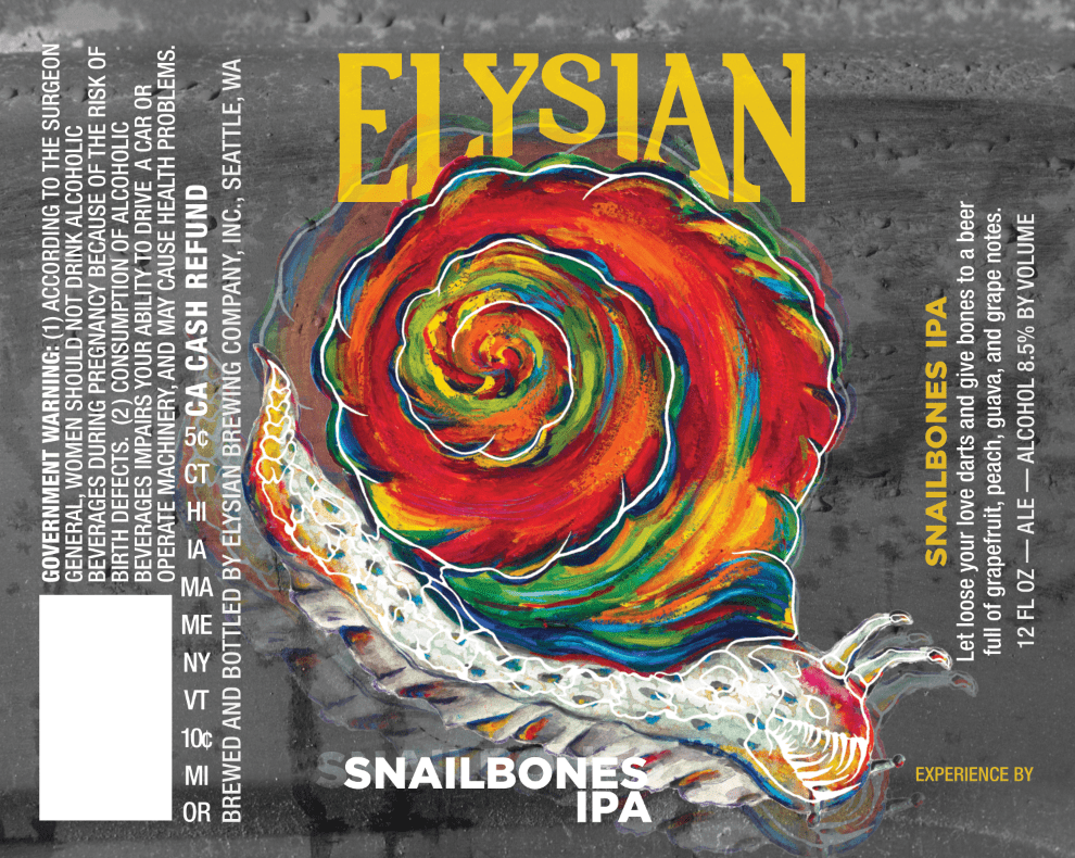 Image of original SnailBones IPA beer label brightly colored snail on grey background