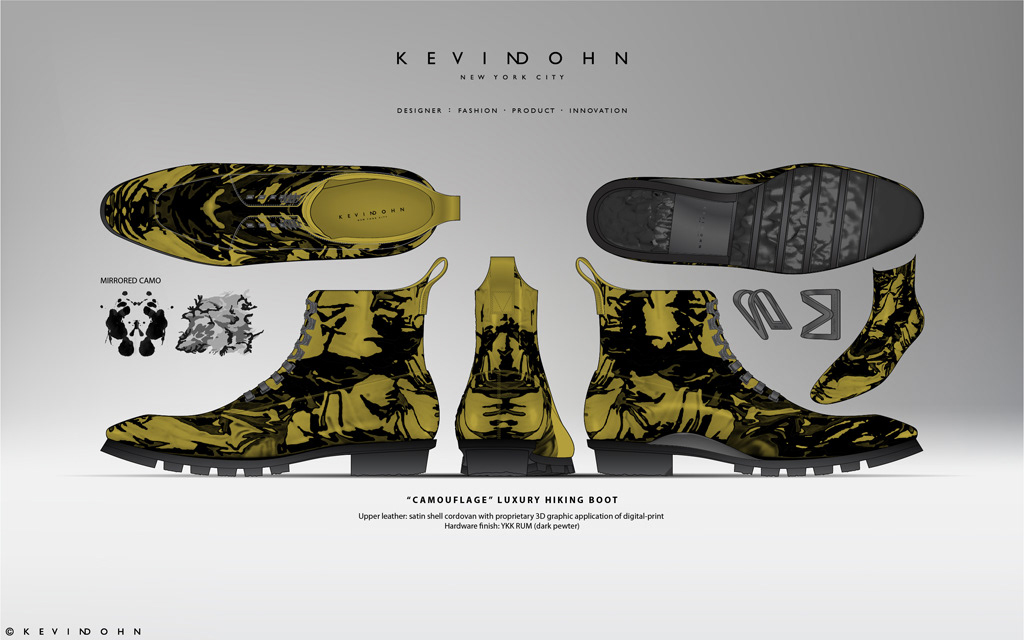 men's fashion footwear fashion footwear footwear hiking boot deboss camouflage Kevin Dohn boot hiking innovation fashion product innovation men Illustrator 3D CAD footwear designer