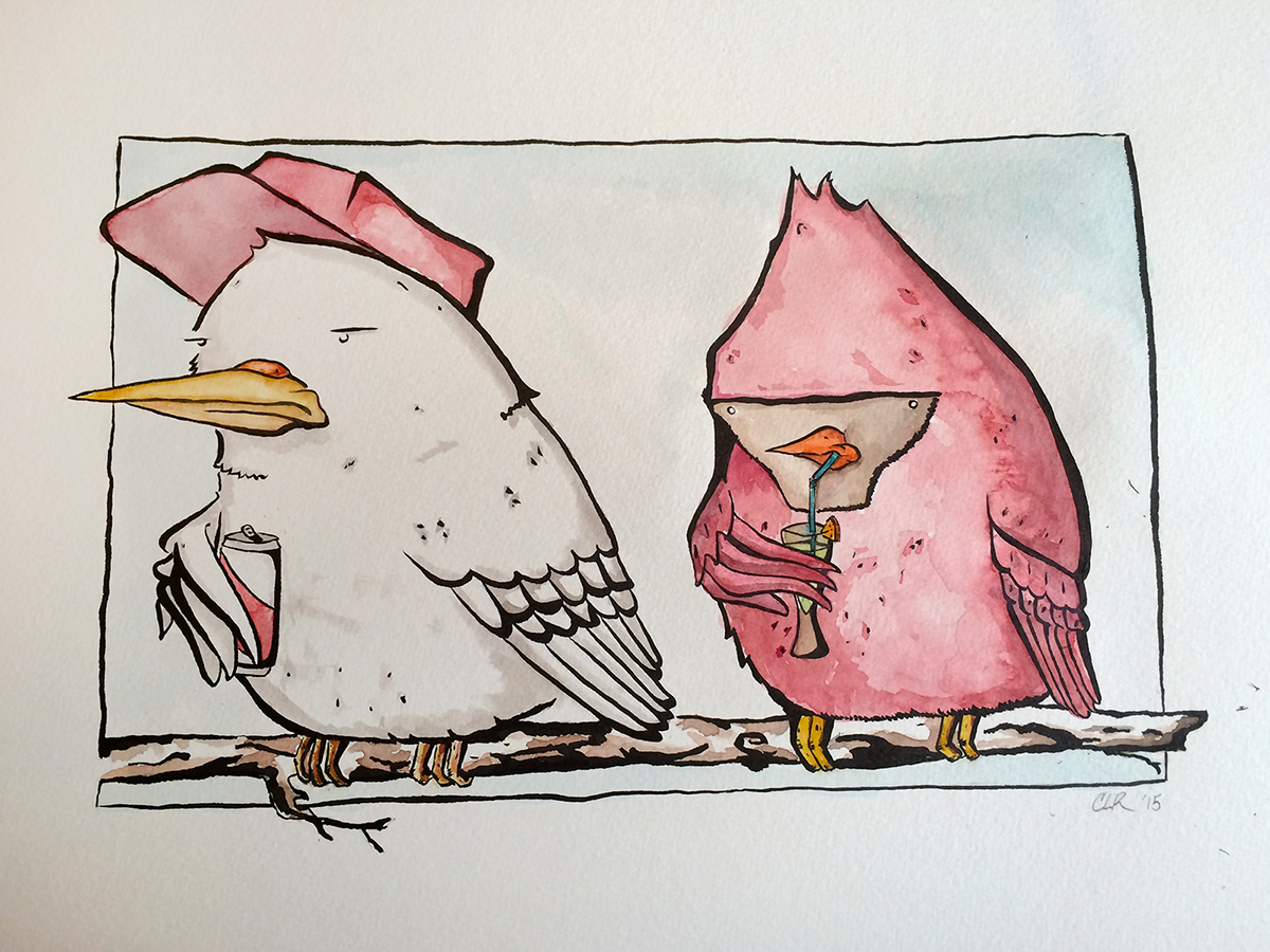 birds ink watercolor