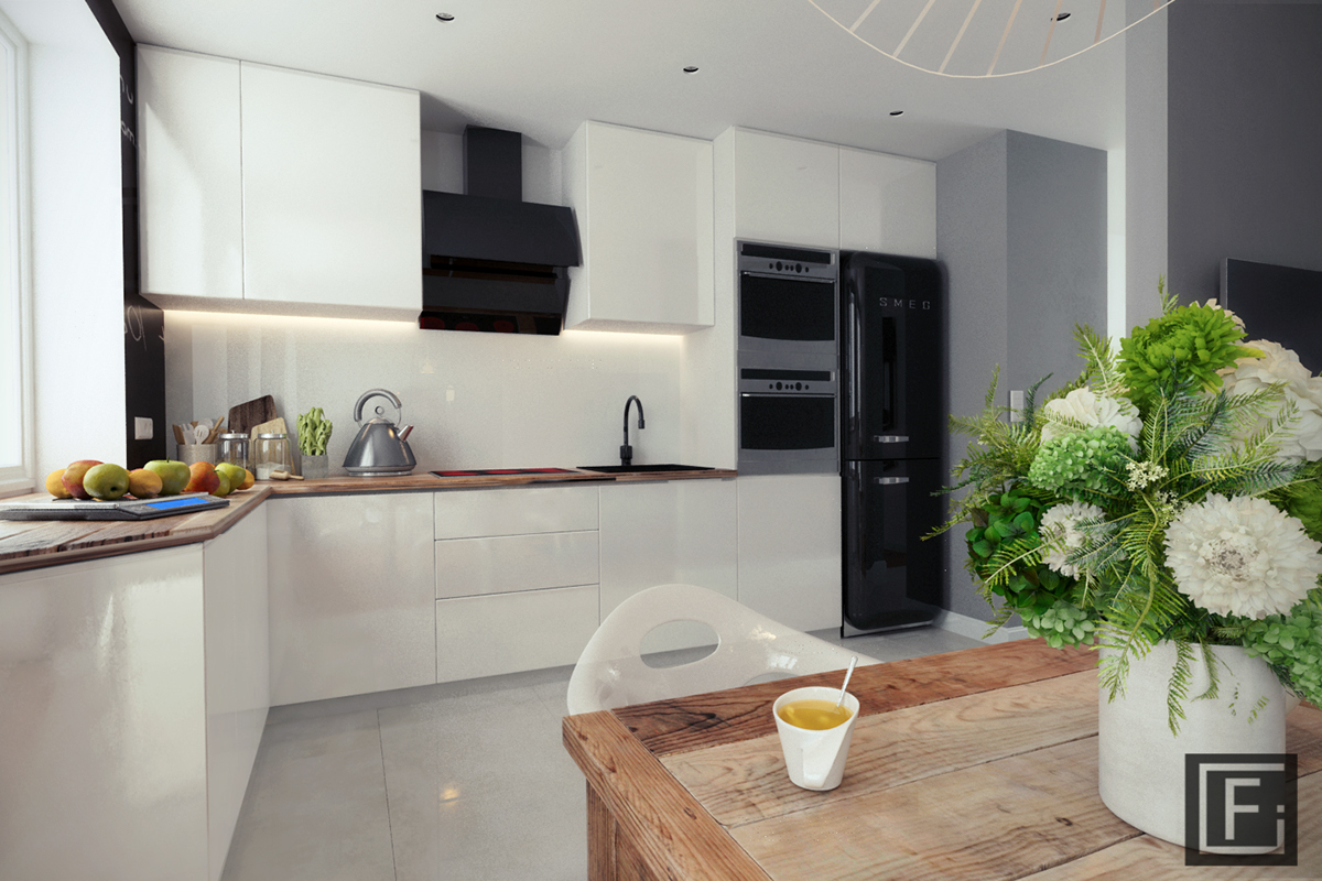 3dmax vray kitchen livingroom flat white kitchen Modern flat design Interior dining