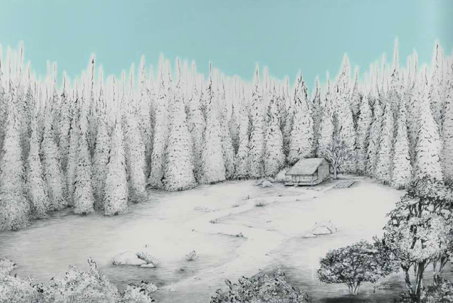 acrylic art museum subasta Guatemala Juannio Tint tinta arte Shack bosque cabana Tree  woods brush