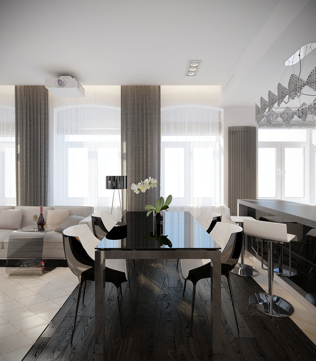 interior design  Minimalism contemporary fireplace Black&white apartments kitchen