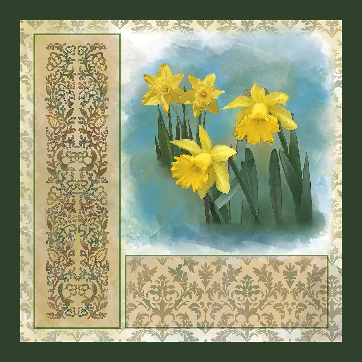 Flowers vintage digital painting Patterns damask pattern print textile daffodils tulips poppies