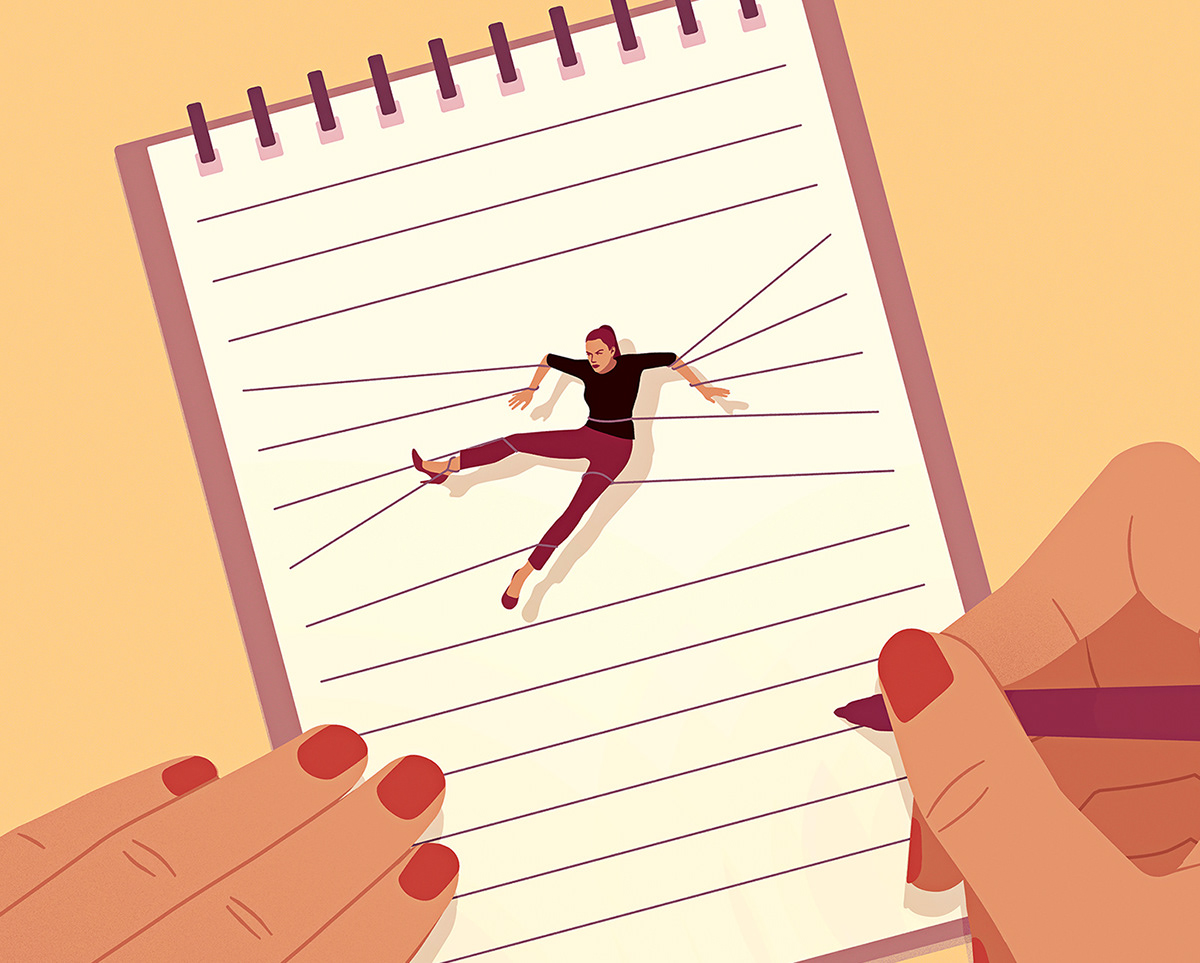 Conceptual illustration of a woman tangled in a notepad